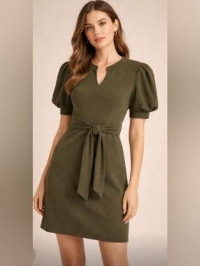New York & Company Olive Green Puff-Sleeve Tie-Waist Mini Dress